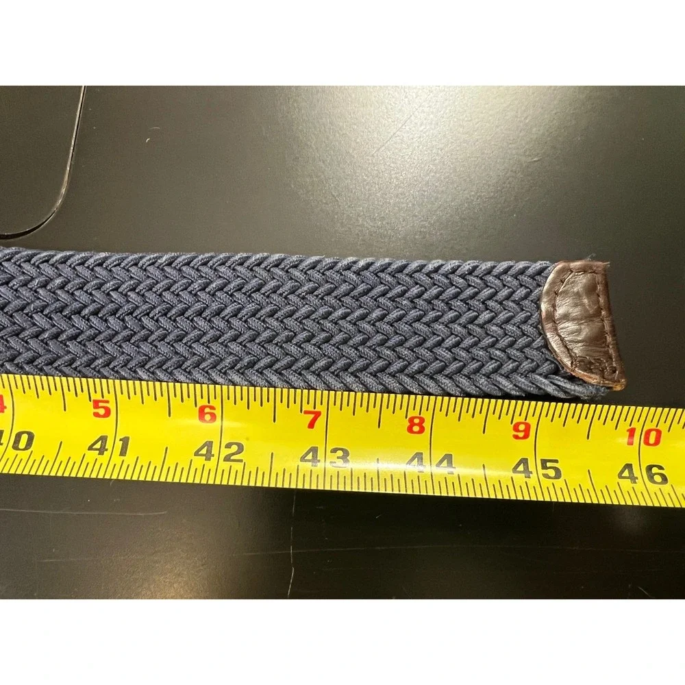 Mens Navy Blue Woven Elastic Stretch Belt Leather Trim Silver Buckle L 45 Inch